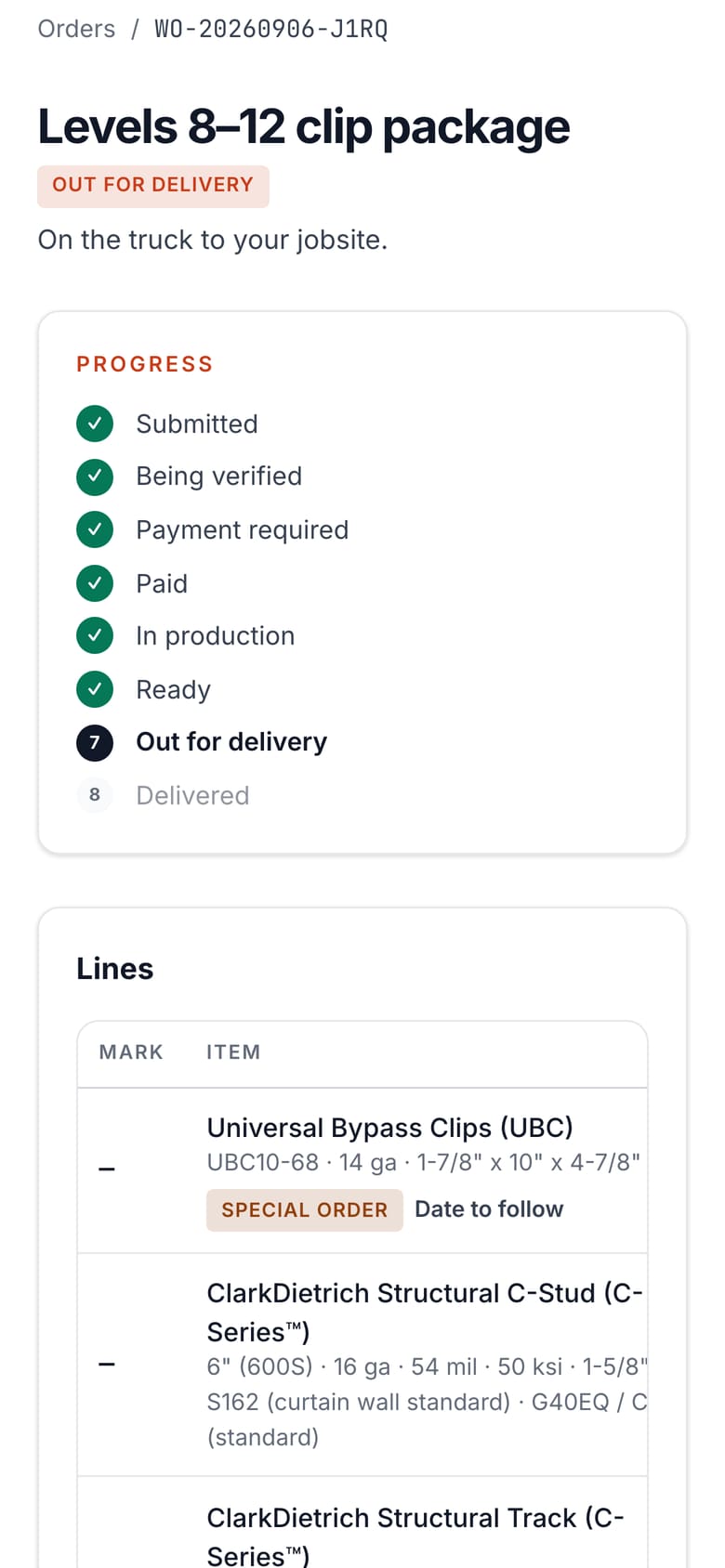 A customer's order on their phone: out for delivery, with every earlier stage ticked off