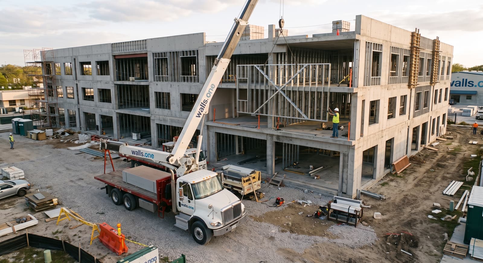 A Walls.one boom truck flying a shop-built, X-braced steel wall panel up to the second floor of a concrete structure, where a worker in a hard hat guides it into place