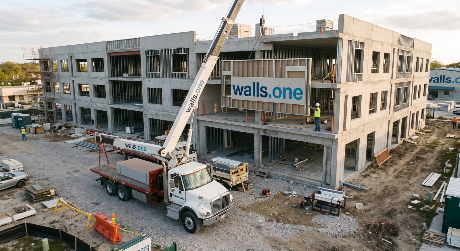 A sheathed Walls.one wall panel being guided into place on the second floor by a worker in a hard hat
