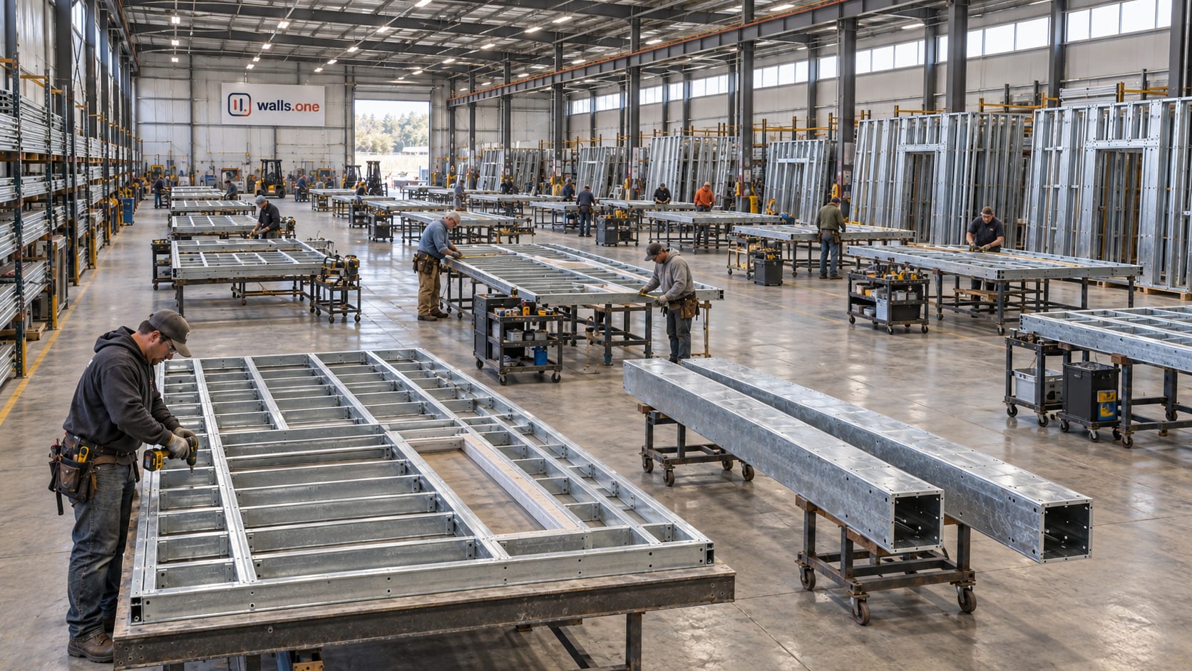 The Walls.one prefab shop — crews framing steel stud wall panels and boxed beams on the tables