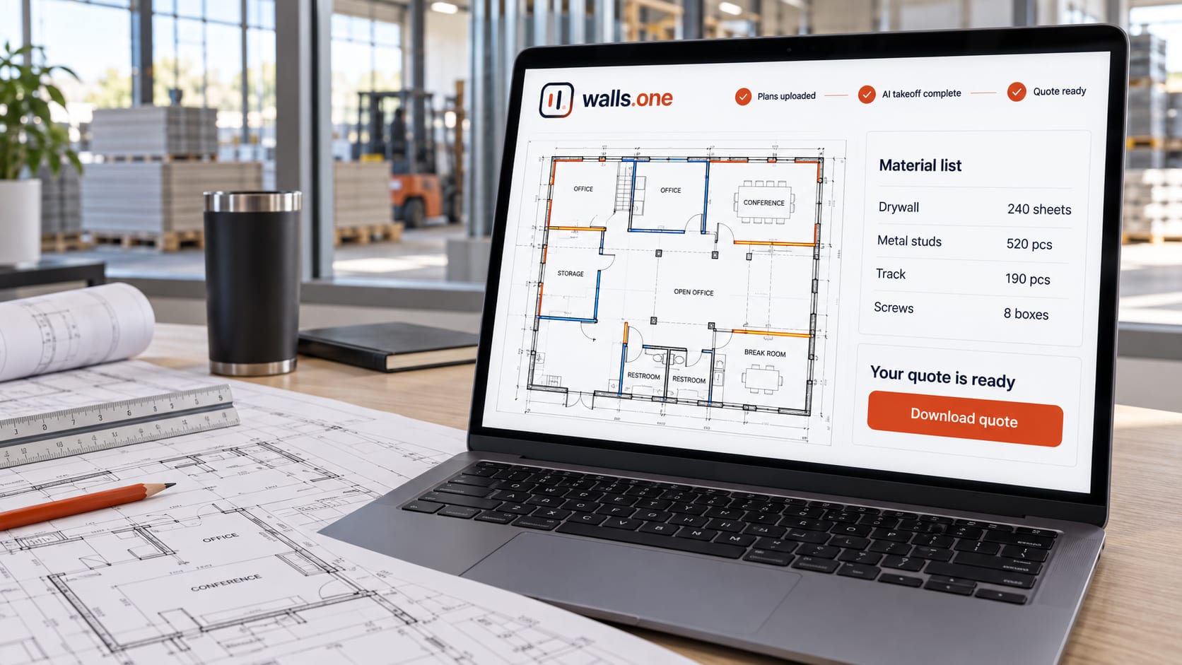 A laptop showing a Walls.one AI takeoff — a marked-up floor plan beside its material list and a ready quote
