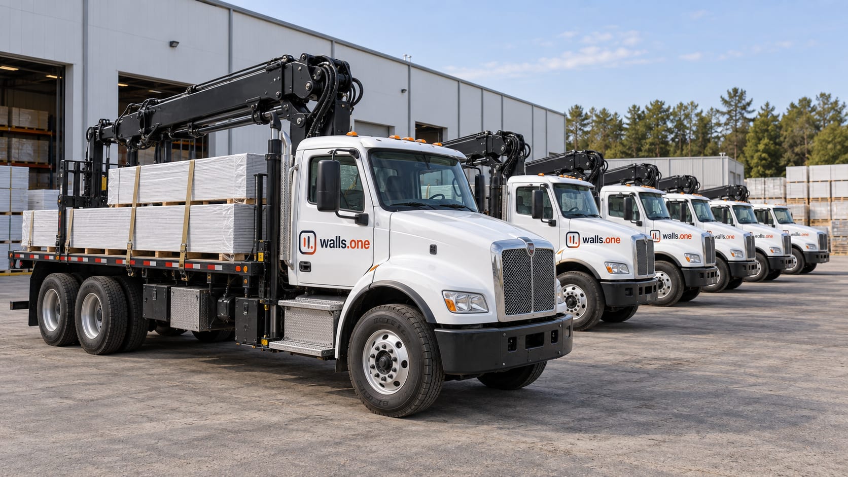 A row of Walls.one boom trucks outside the warehouse, the first loaded with drywall