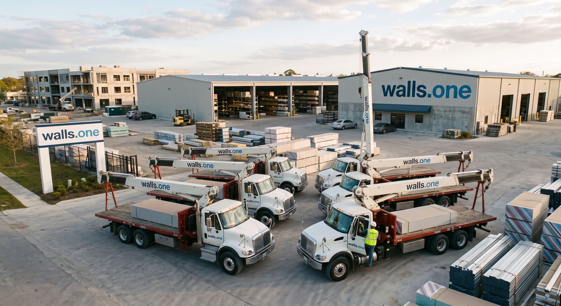 The Walls.one yard — boom trucks loaded with board and steel outside the warehouse